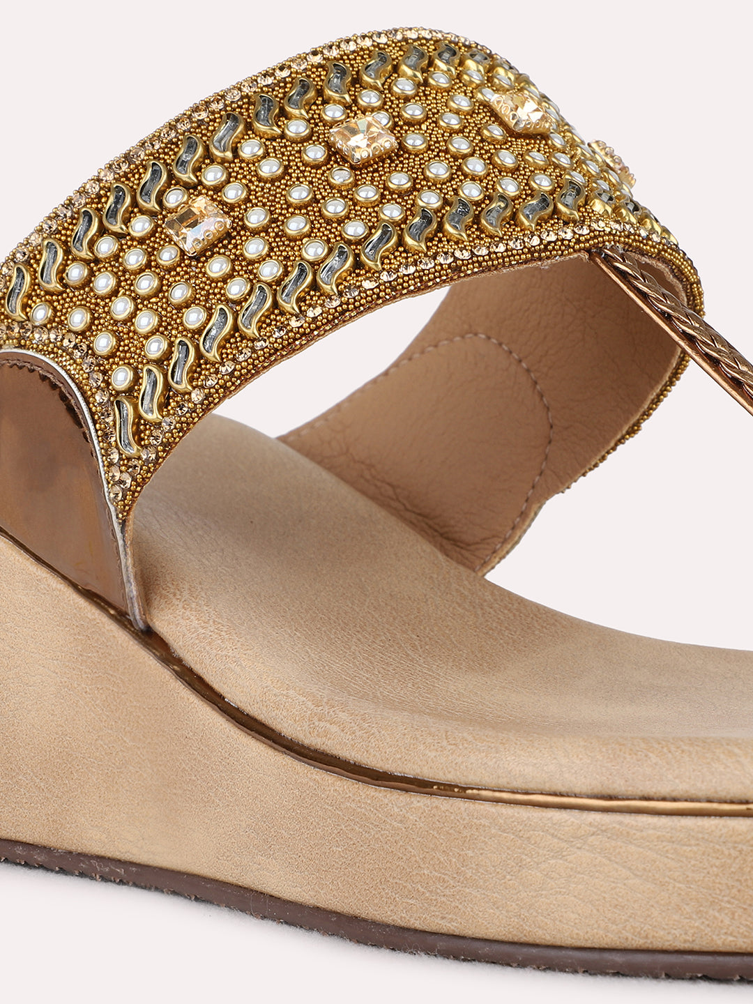 Womens Golden Ethnic Embellished Pattern Round Toe Wedge Heels