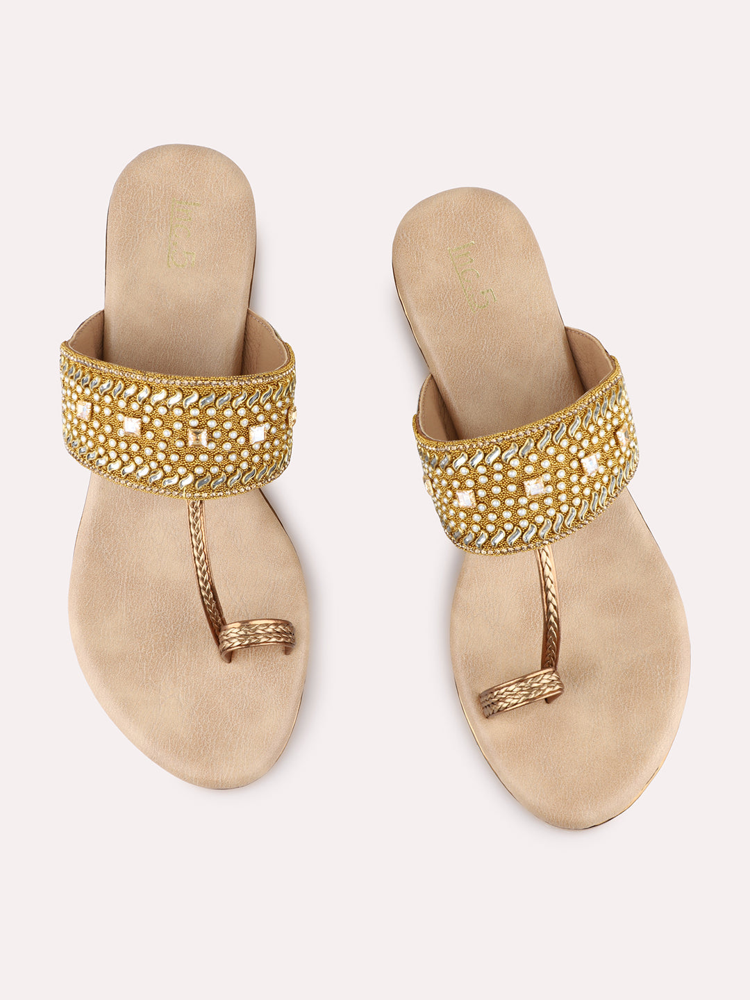 Womens Golden Ethnic Embellished Pattern Round Toe Wedge Heels