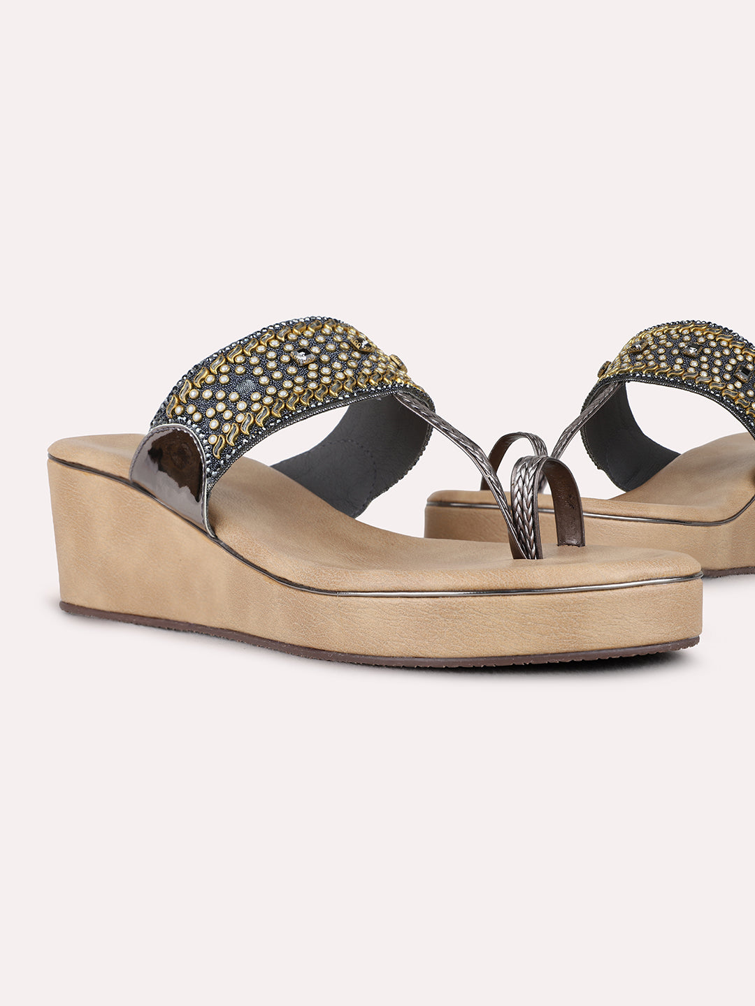 Womens Pewter Ethnic Embellished Pattern Round Toe Wedge Heels