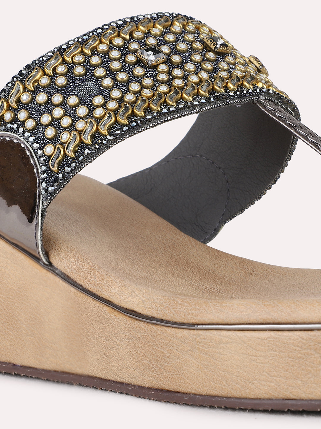 Womens Pewter Ethnic Embellished Pattern Round Toe Wedge Heels