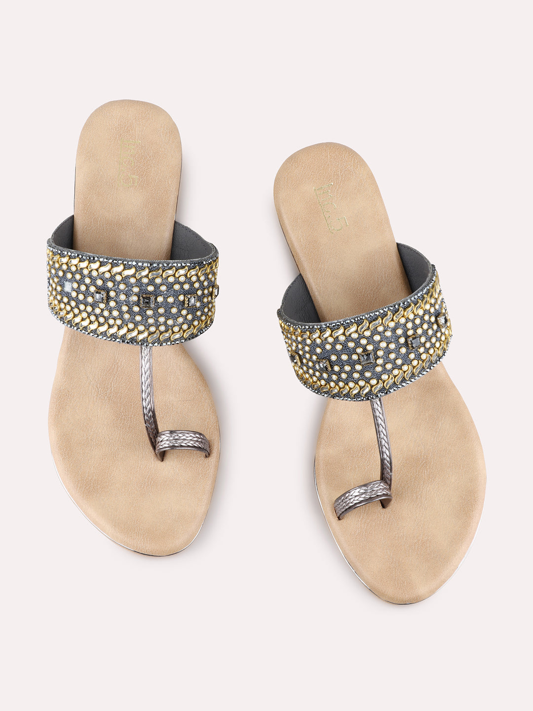 Womens Pewter Ethnic Embellished Pattern Round Toe Wedge Heels