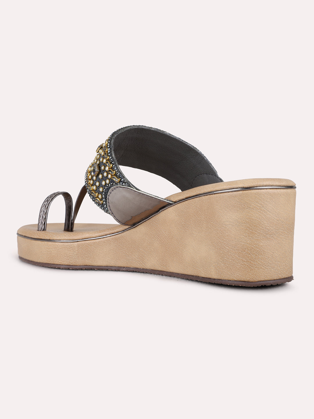 Womens Pewter Ethnic Embellished Pattern Round Toe Wedge Heels