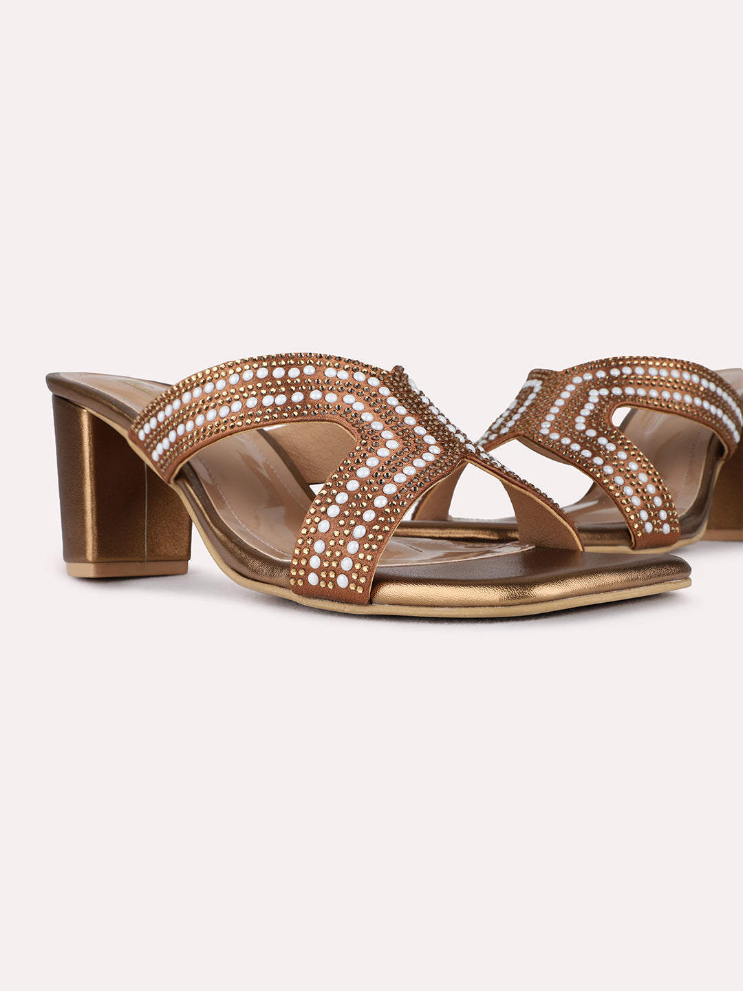 Womens Golden Ethnic Embellished Square Toe Block Heel Sandals