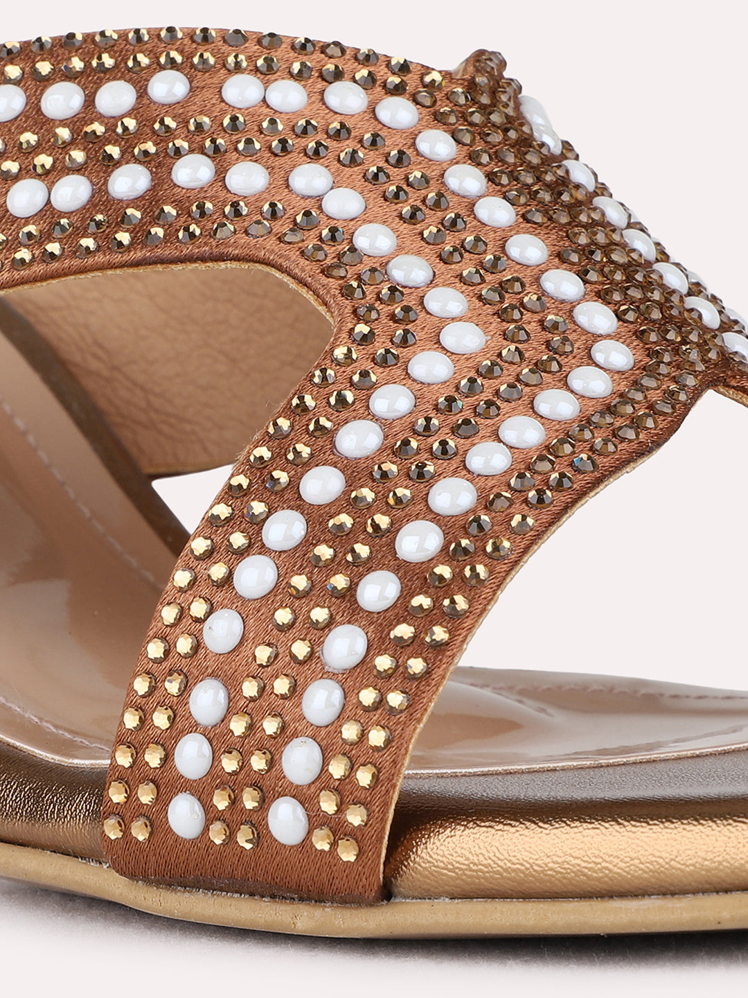 Womens Golden Ethnic Embellished Square Toe Block Heels