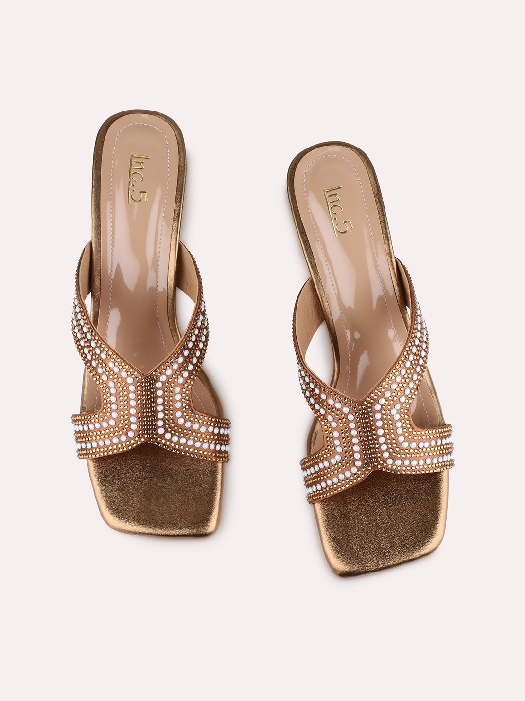 Womens Golden Ethnic Embellished Square Toe Block Heels