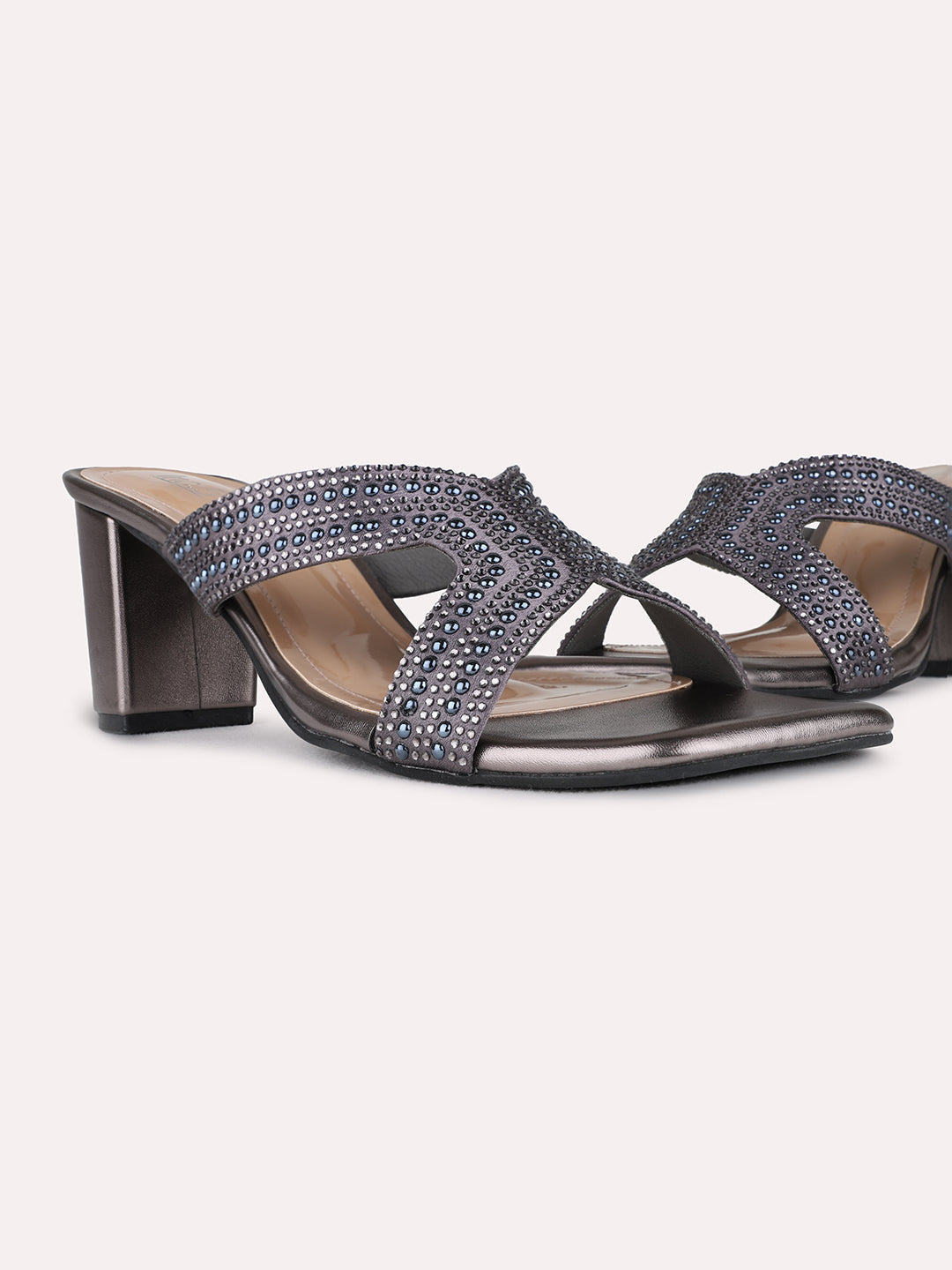 Womens Pewter Ethnic Embellished Square Toe Block Heel Sandals