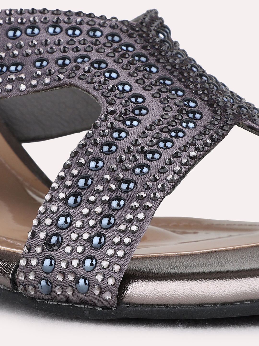 Womens Pewter Ethnic Embellished Square Toe Block Heels