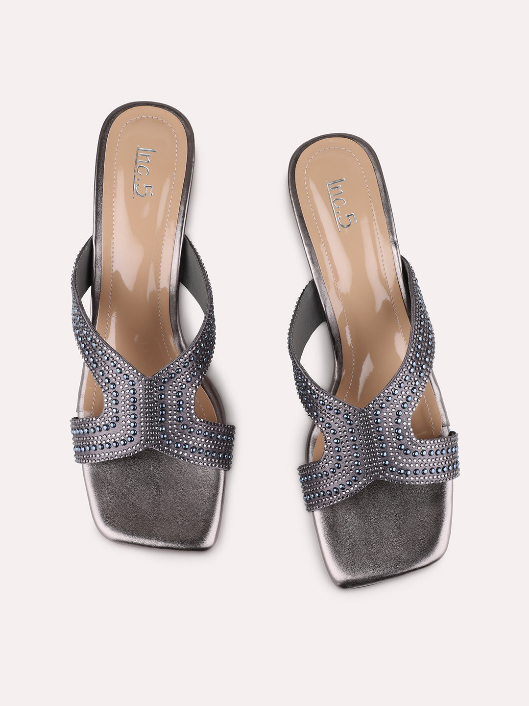 Womens Pewter Ethnic Embellished Square Toe Block Heels