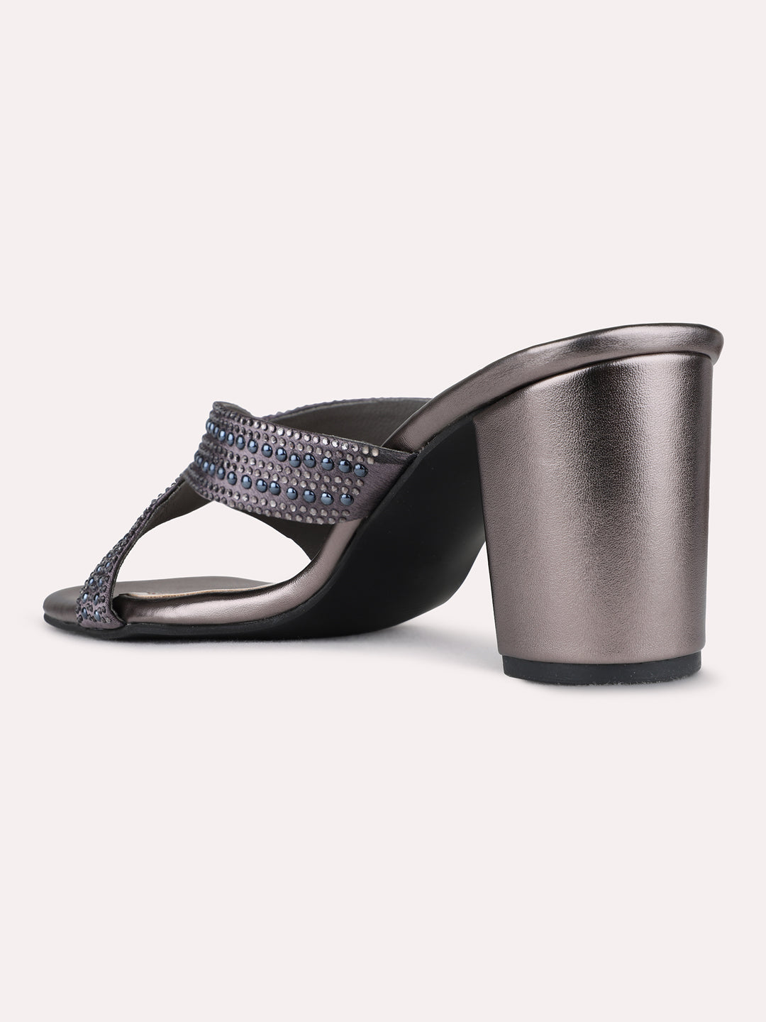 Womens Pewter Ethnic Embellished Square Toe Block Heel Sandals