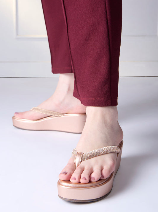 Womens Rose Gold Ethnic Wear Embellished Round Toe Wedge Heels