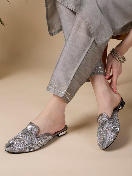Womens Pewter Ethnic Embellished Narrow Toe Block Heels