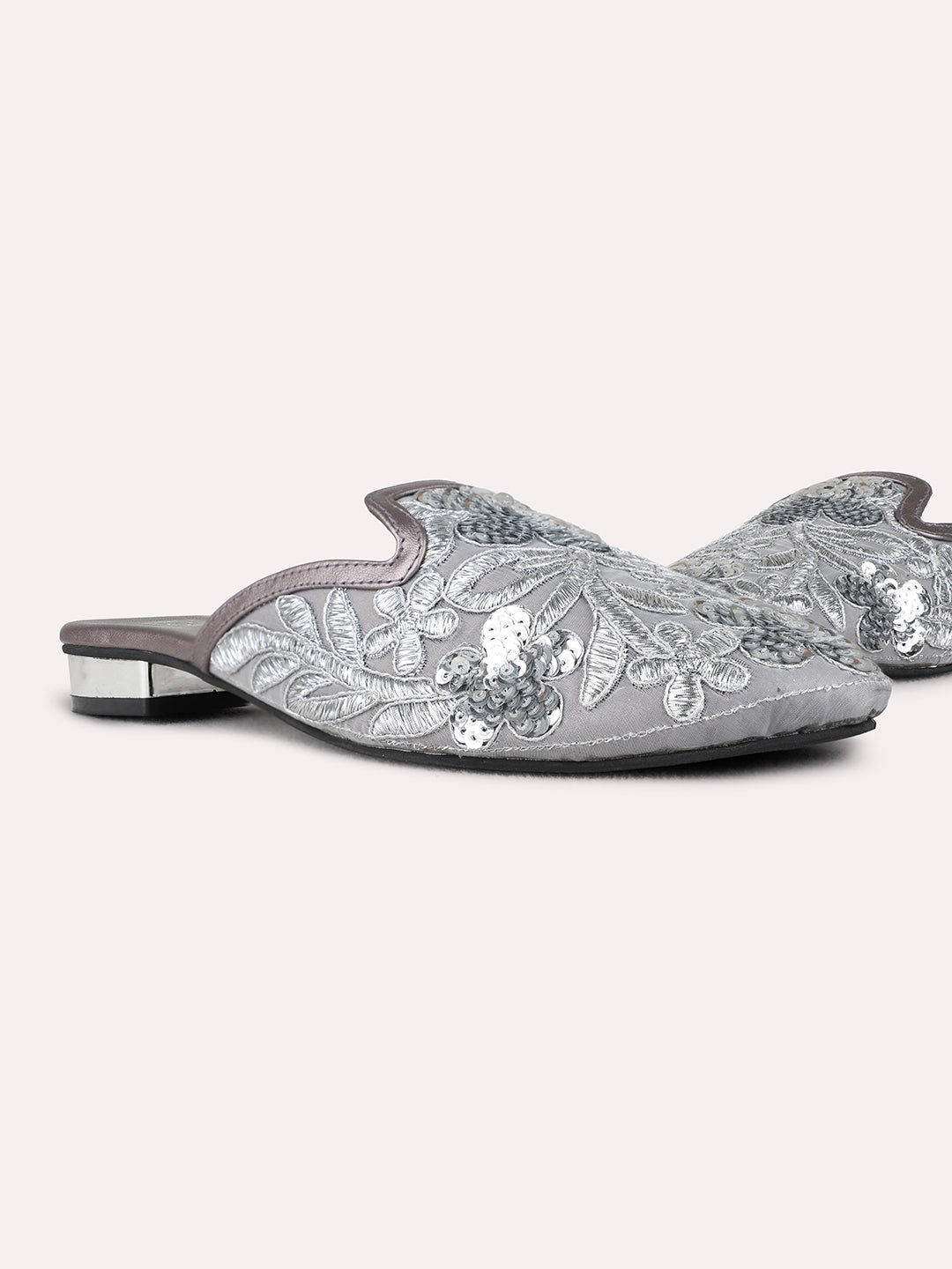 Womens Pewter Ethnic Embellished Narrow Toe Block Heel Sandals