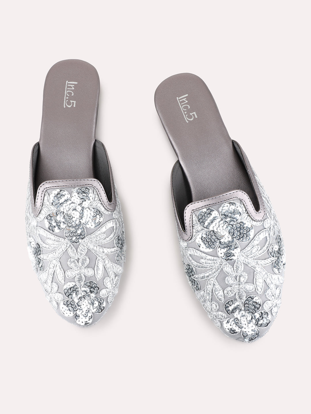 Womens Pewter Ethnic Embellished Narrow Toe Block Heels