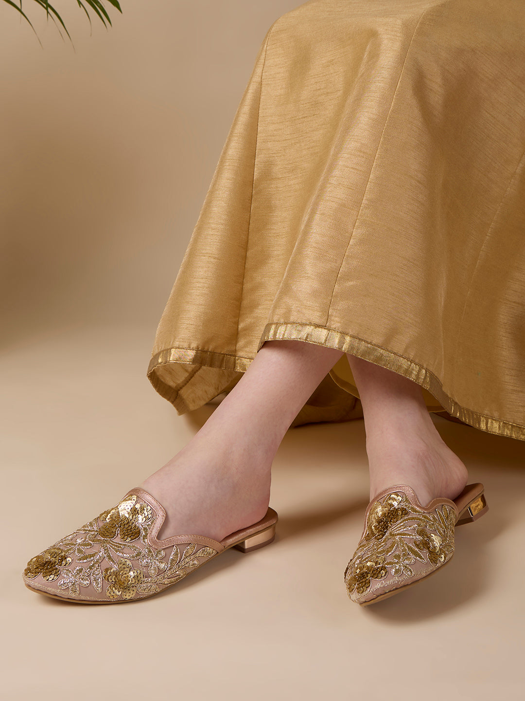 Womens Rose Gold Ethnic Embellished Narrow Toe Block Heel Sandals