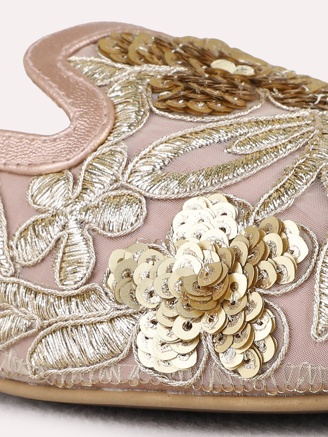 Womens Rose Gold Ethnic Embellished Narrow Toe Block Heel Sandals