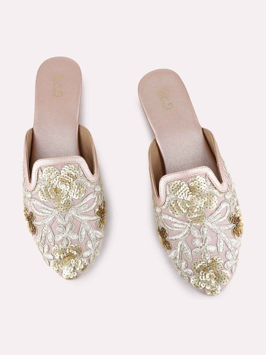 Womens Rose Gold Ethnic Embellished Narrow Toe Block Heel Sandals