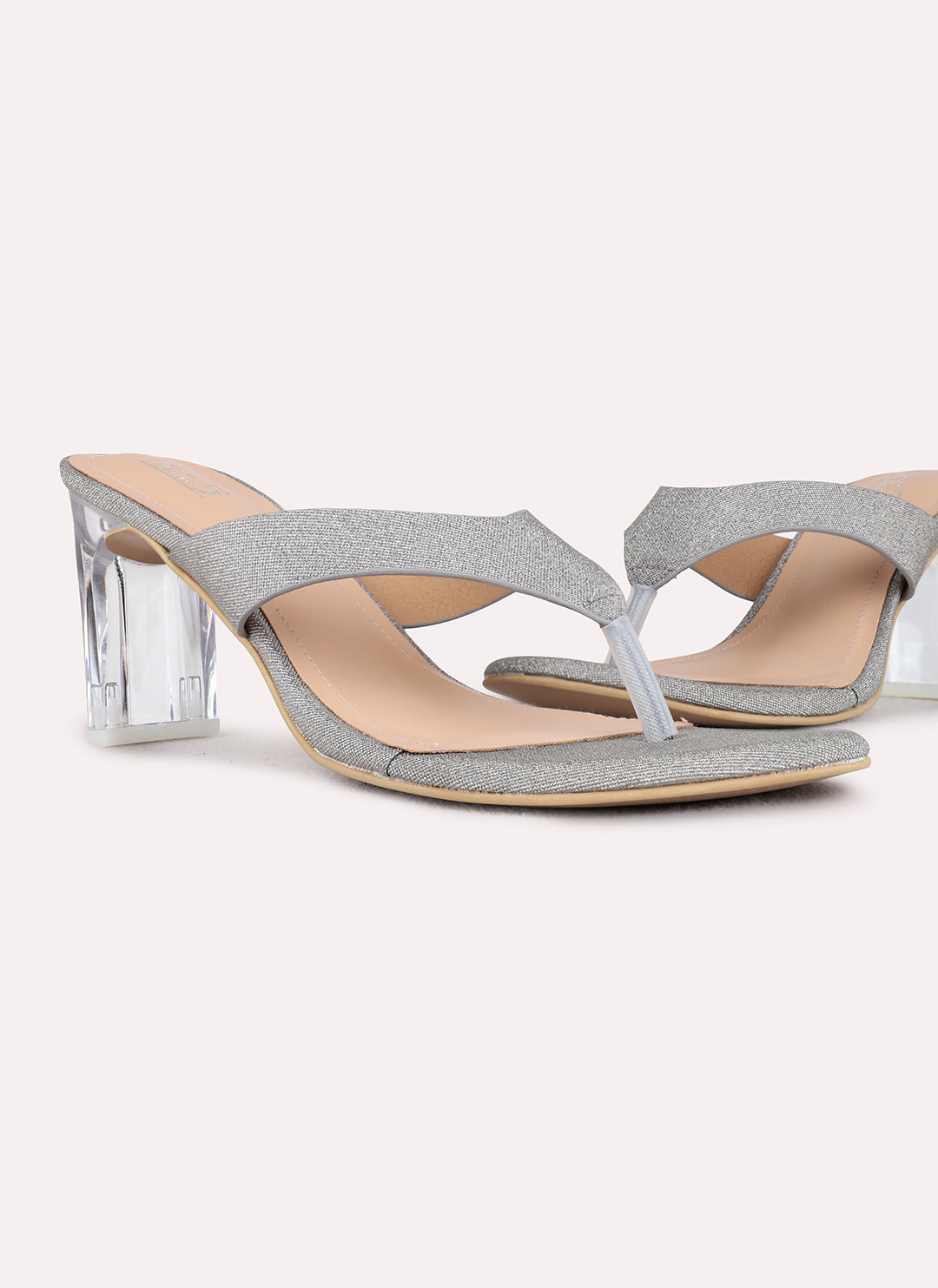 Womens Grey Party Wear Solid Round Toe Block Heels
