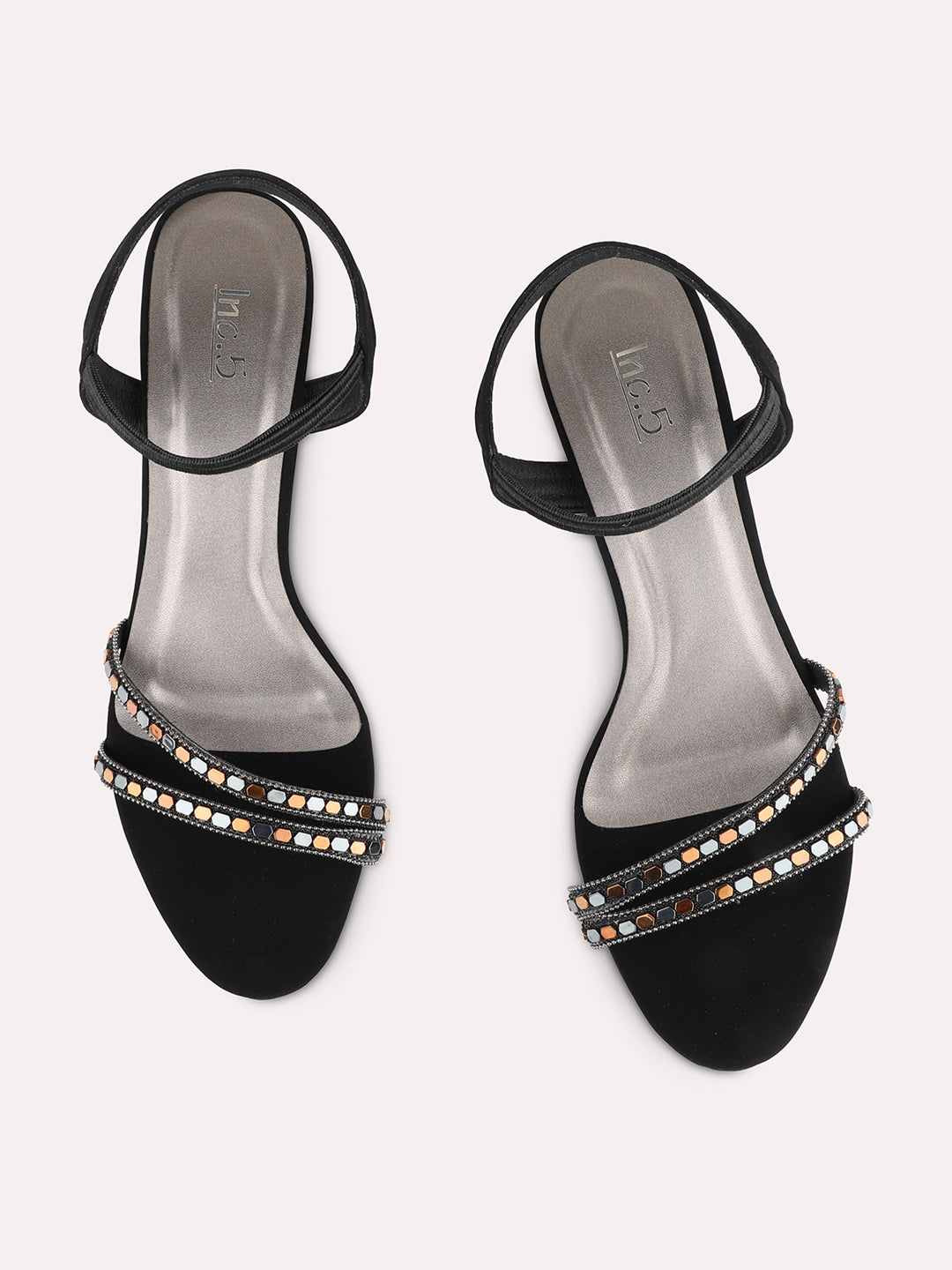Womens Black Casual Embellished Round Toe Kitten Heels