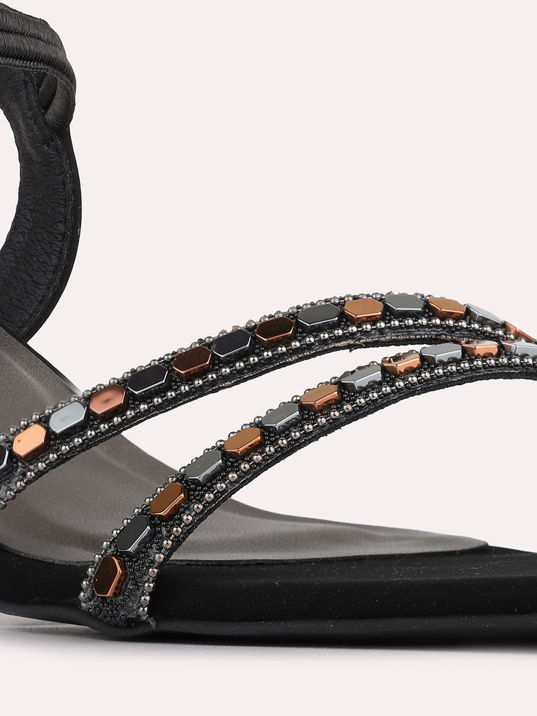 Womens Black Casual Embellished Round Toe Kitten Heels