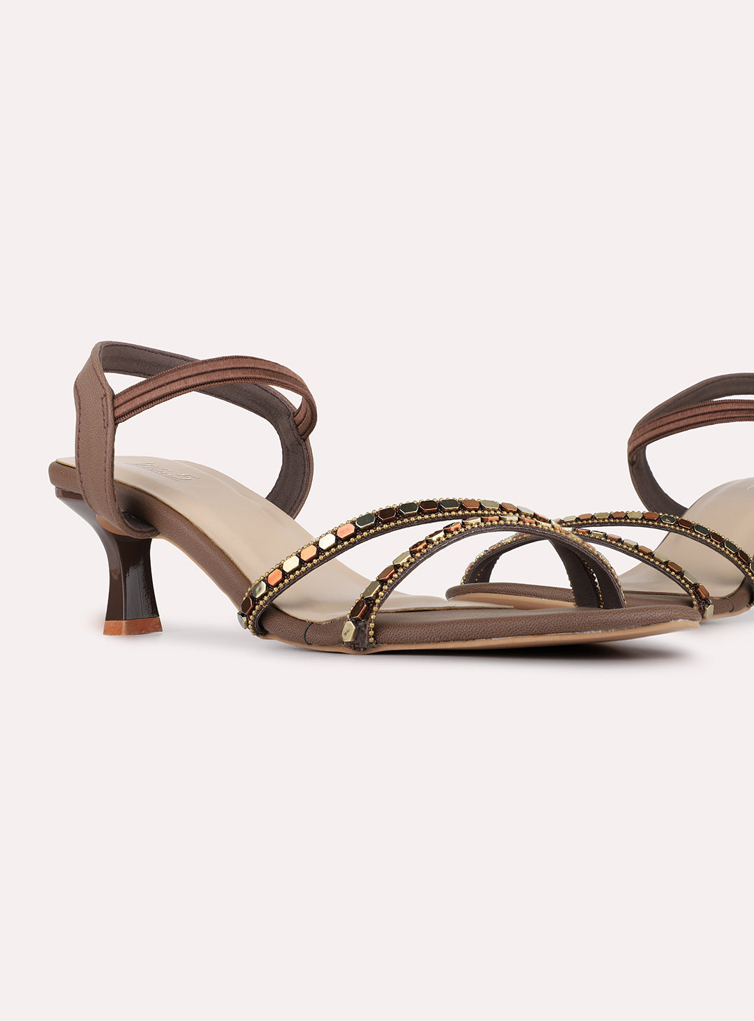 Womens Brown Casual Embellished Round Toe Kitten Heels