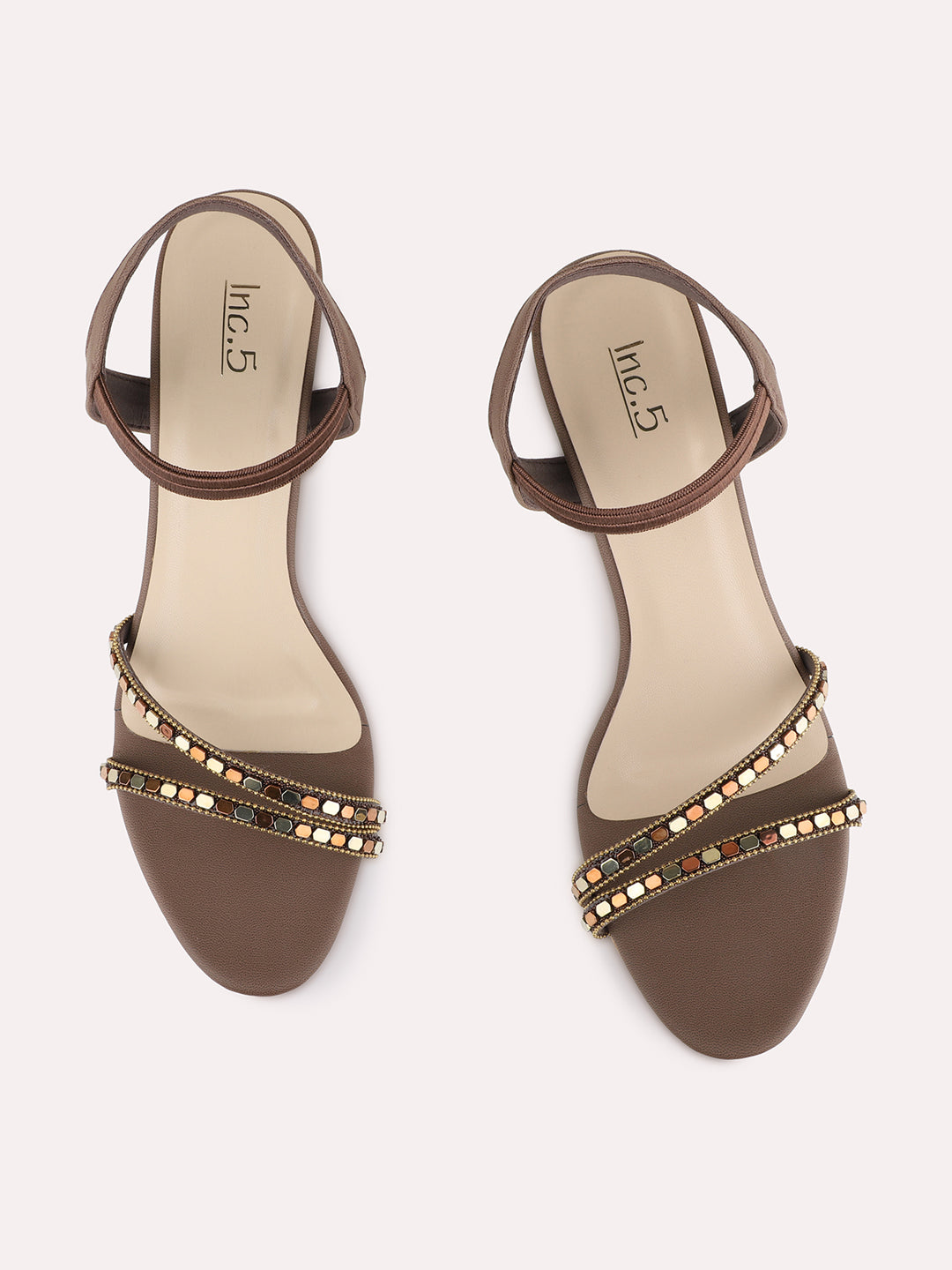 Womens Brown Casual Embellished Round Toe Kitten Heels