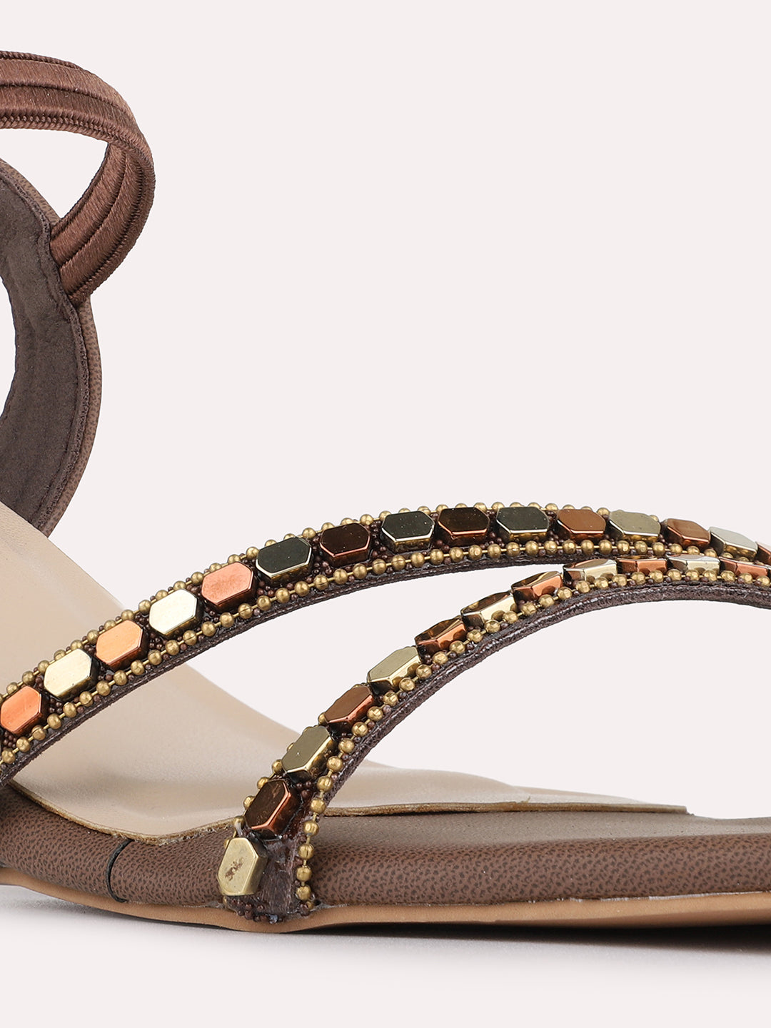 Womens Brown Casual Embellished Round Toe Kitten Heels