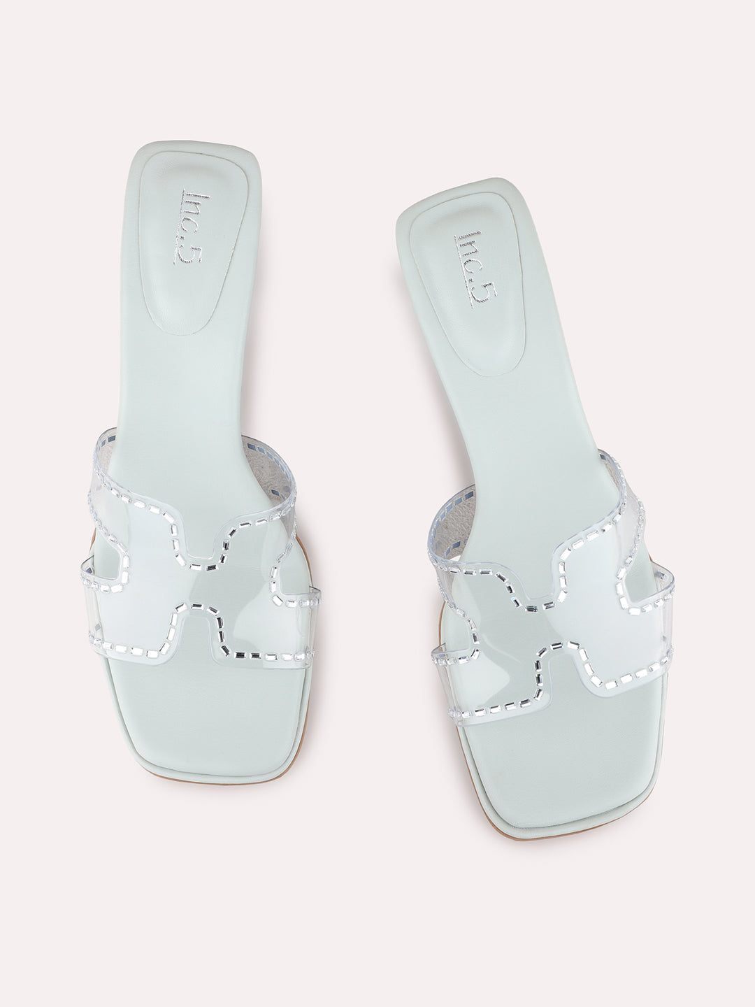 Womens Green Party Wear Transparent Square Toe Block Heels