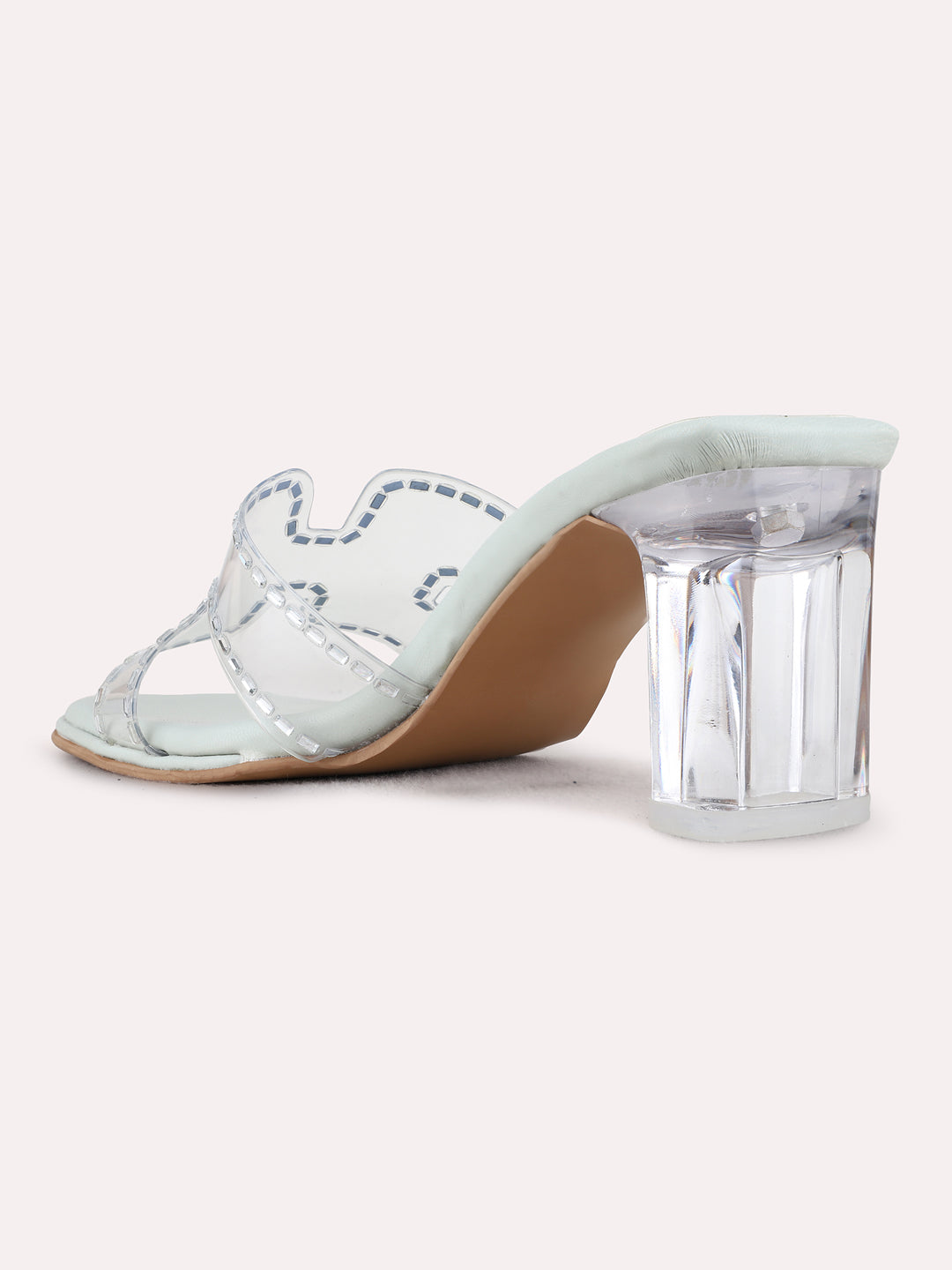 Womens Green Party Wear Transparent Square Toe Block Heels