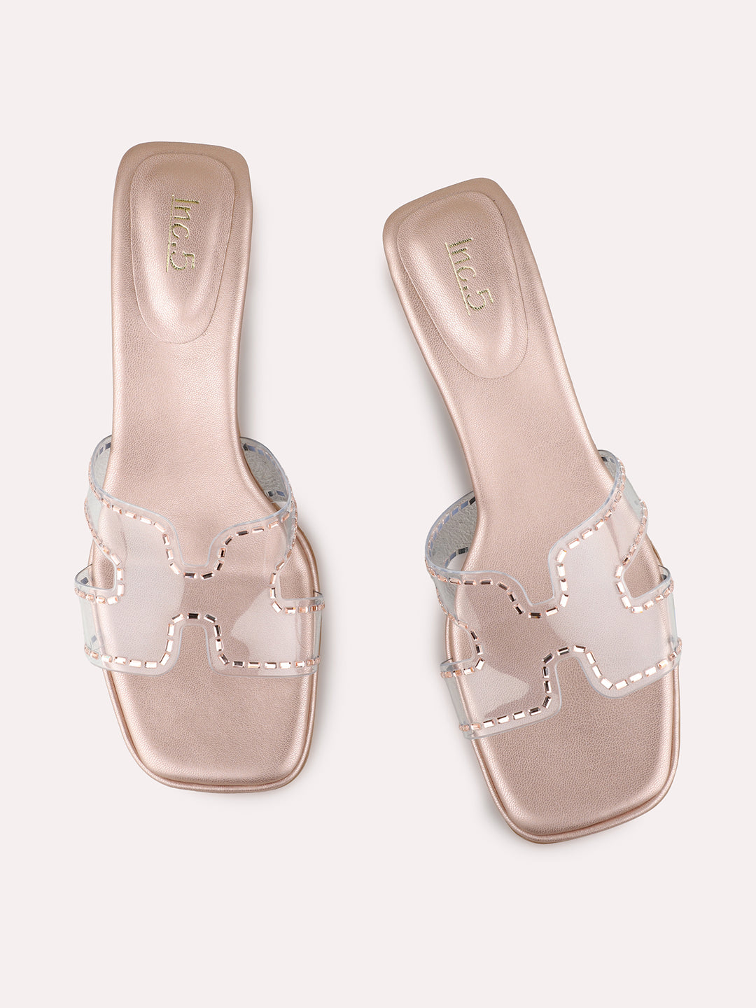 Womens Rose Gold Party Wear Transparent Square Toe Block Heels