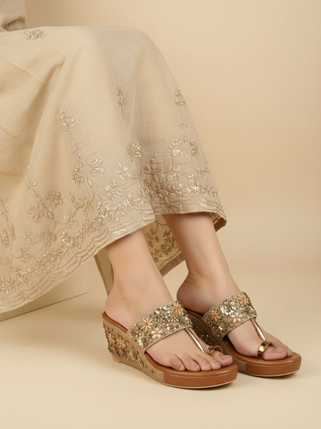 Womens Golden Embellished Pattern Ethnic Wedge Heels