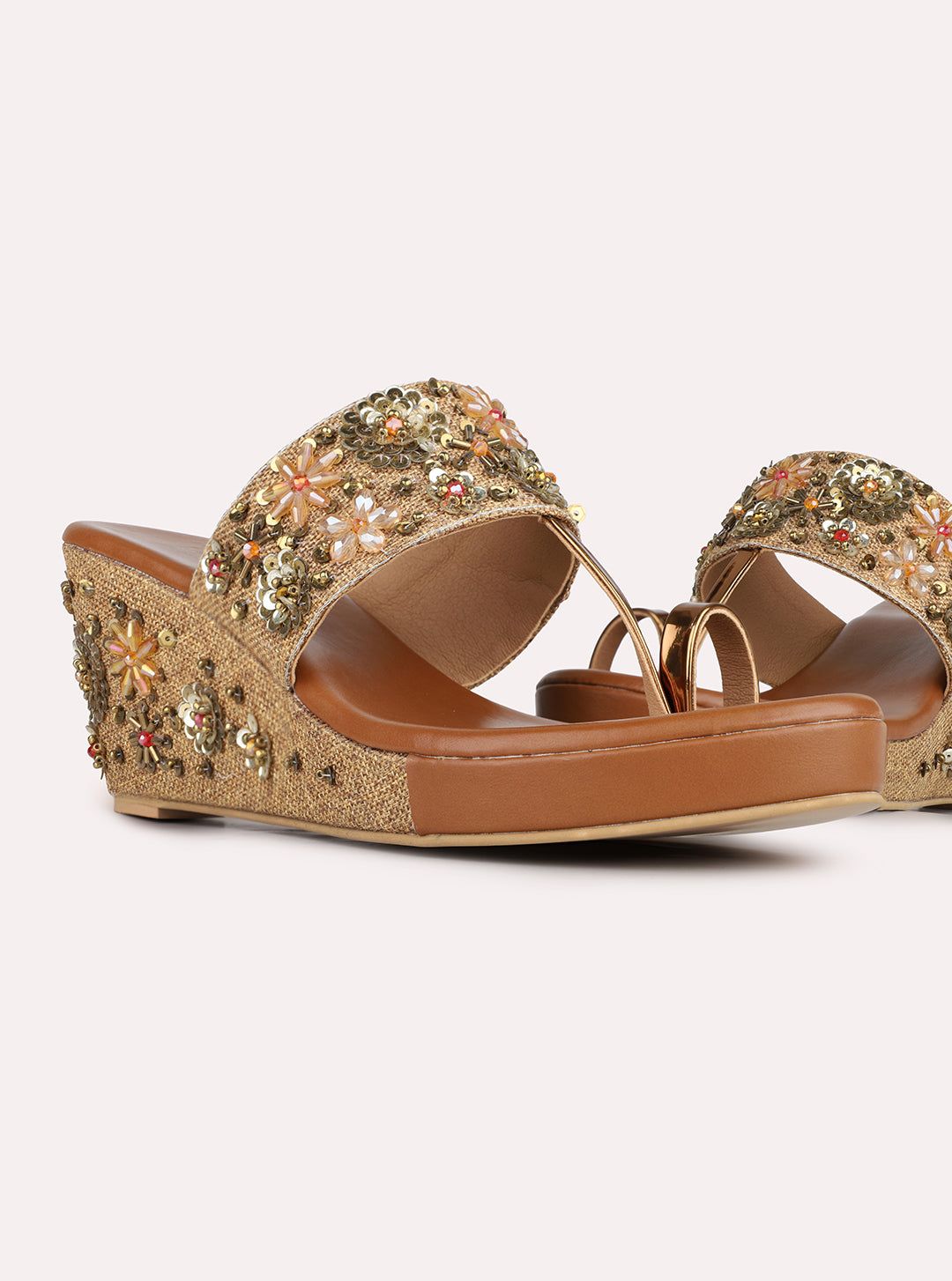 Womens Golden Embellished Pattern Ethnic Wedge Heels