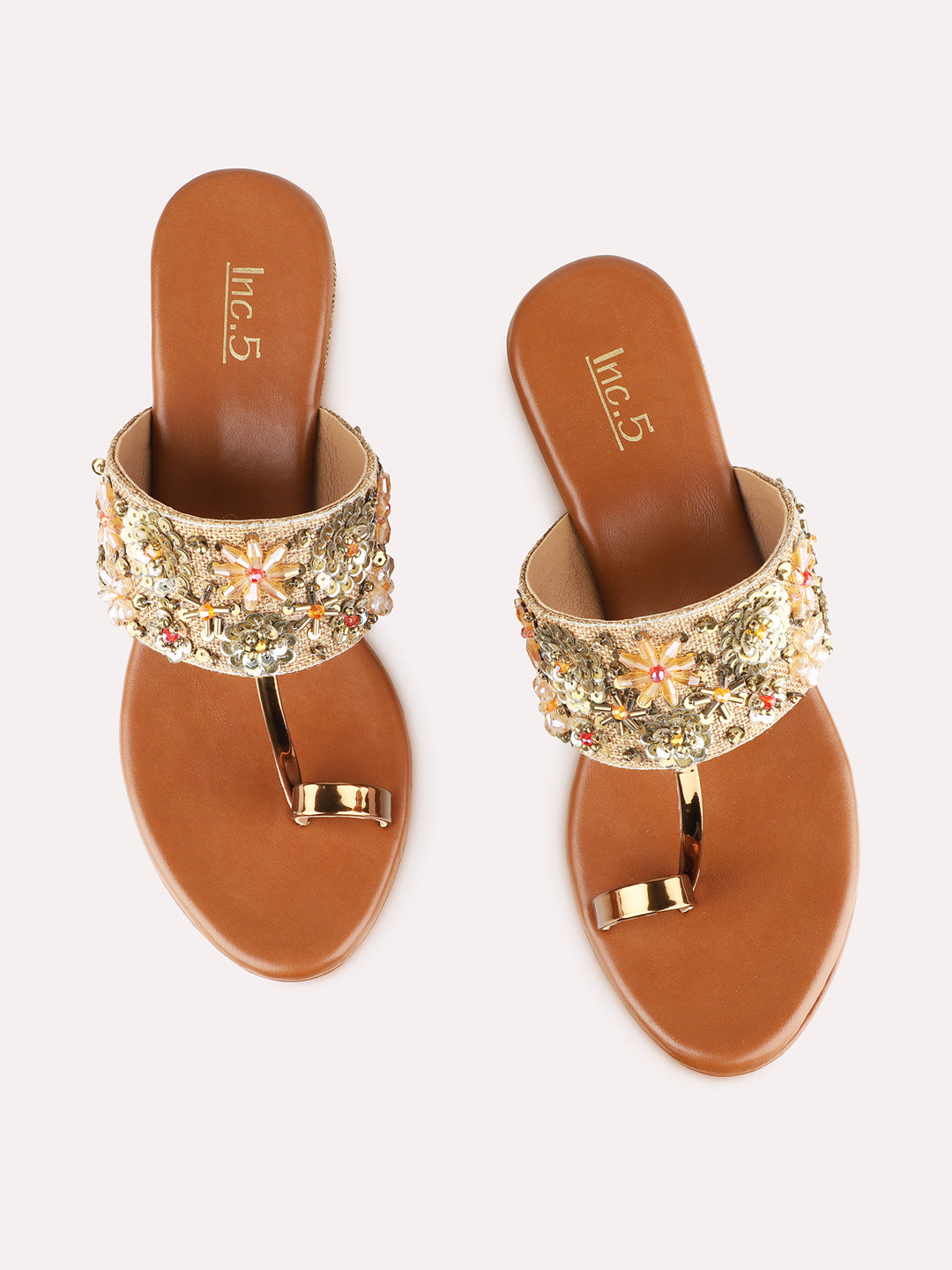 Womens Golden Embellished Pattern Ethnic Wedge Heels