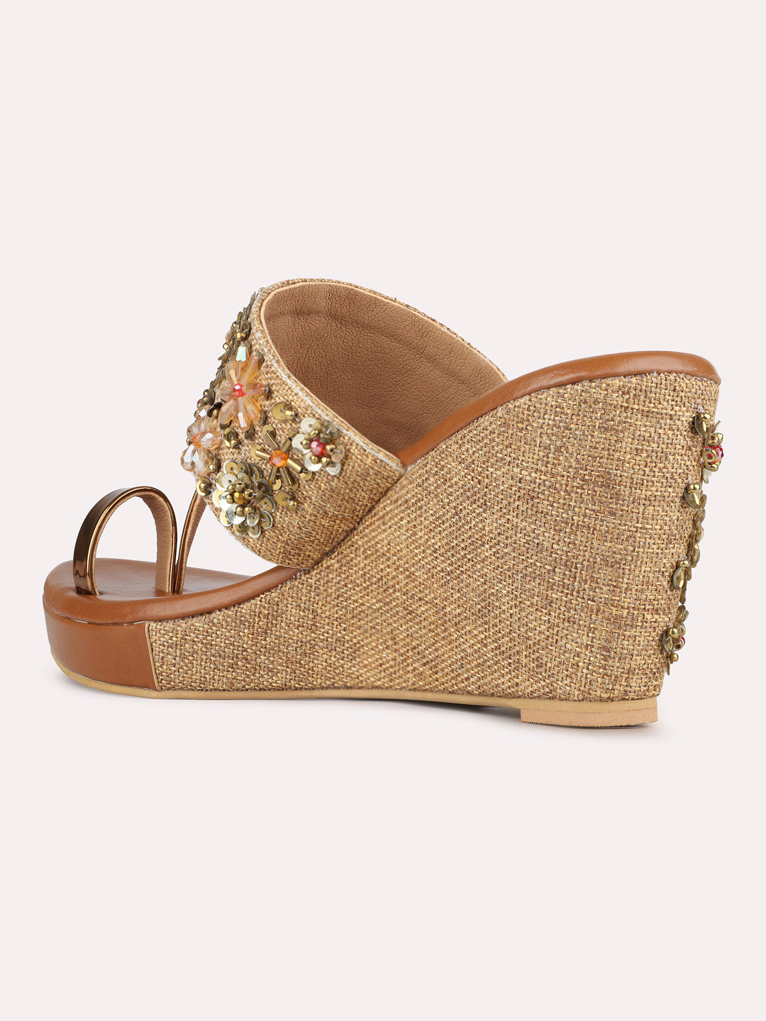 Womens Golden Embellished Pattern Ethnic Wedge Heels