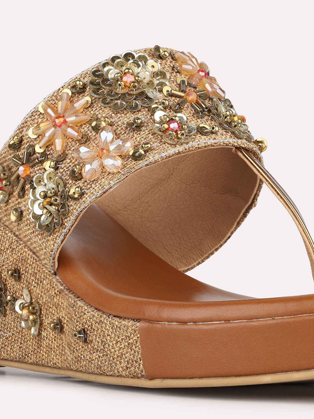 Womens Golden Embellished Pattern Ethnic Wedge Heels