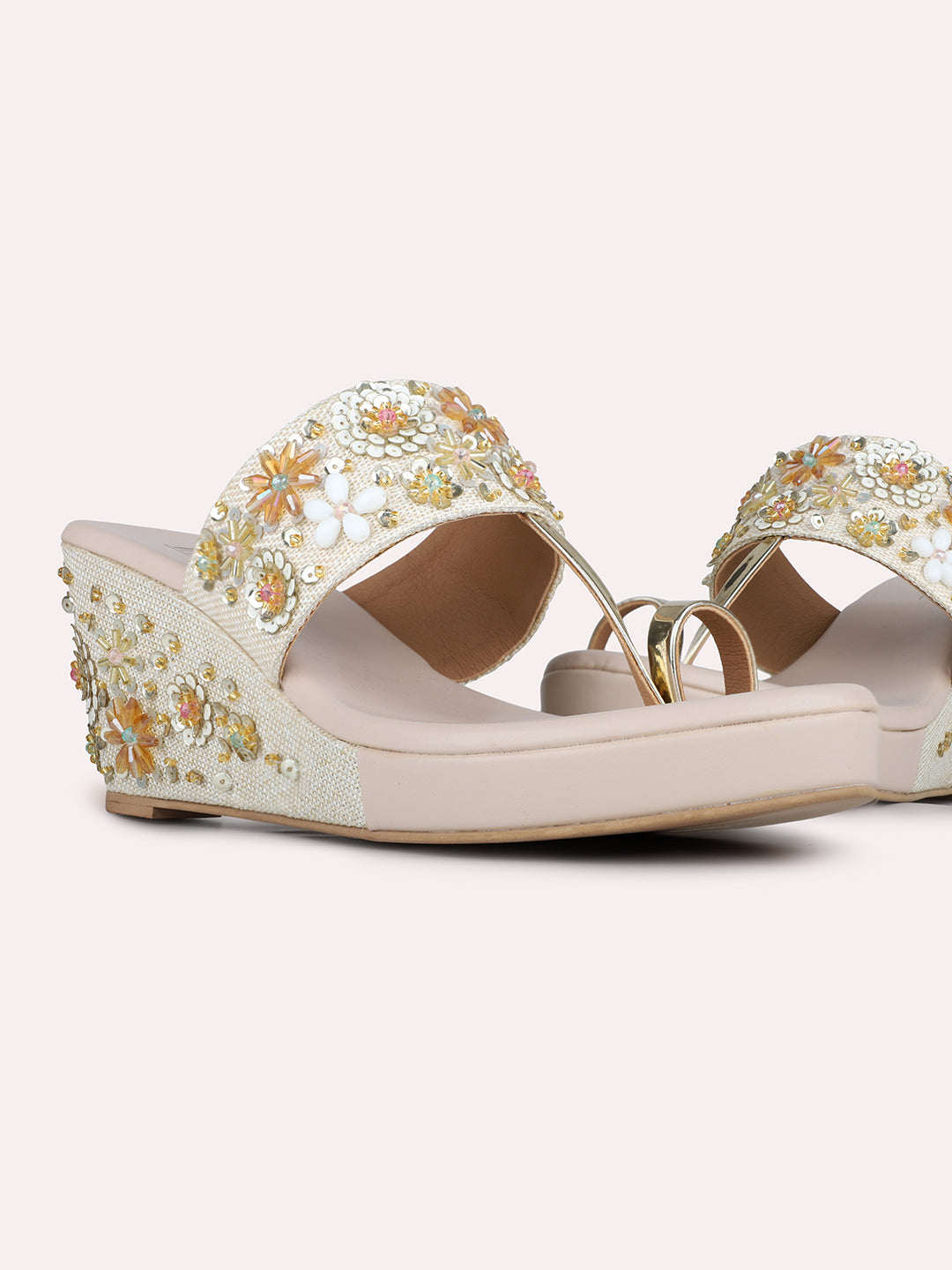 Womens Golden Embellished Ethnic Round Toe Wedges