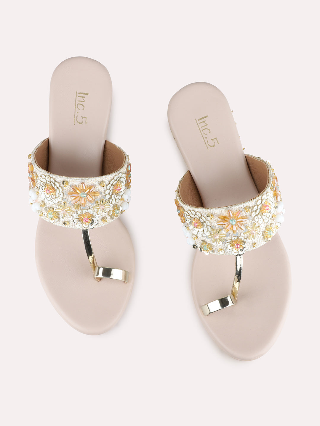 Womens Golden Embellished Ethnic Round Toe Wedges