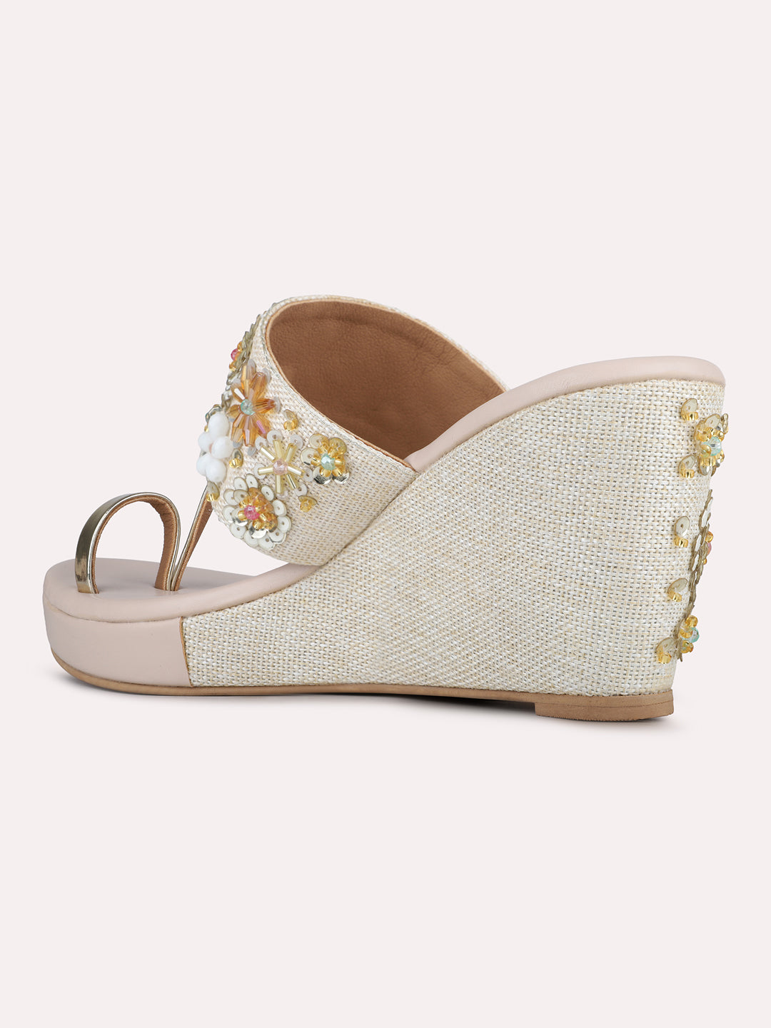 Womens Golden Embellished Ethnic Round Toe Wedges