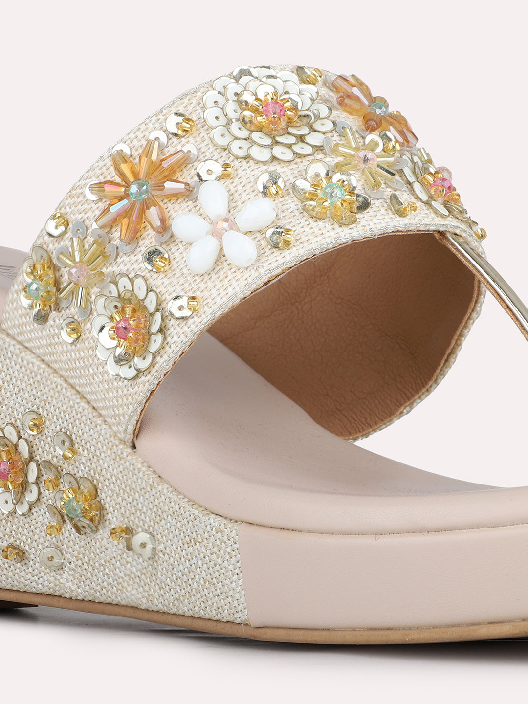 Womens Golden Embellished Ethnic Round Toe Wedges