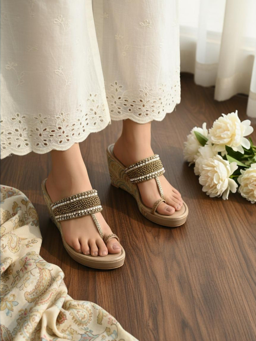 Womens Golden Ethnic Embellished Round Toe Wedges