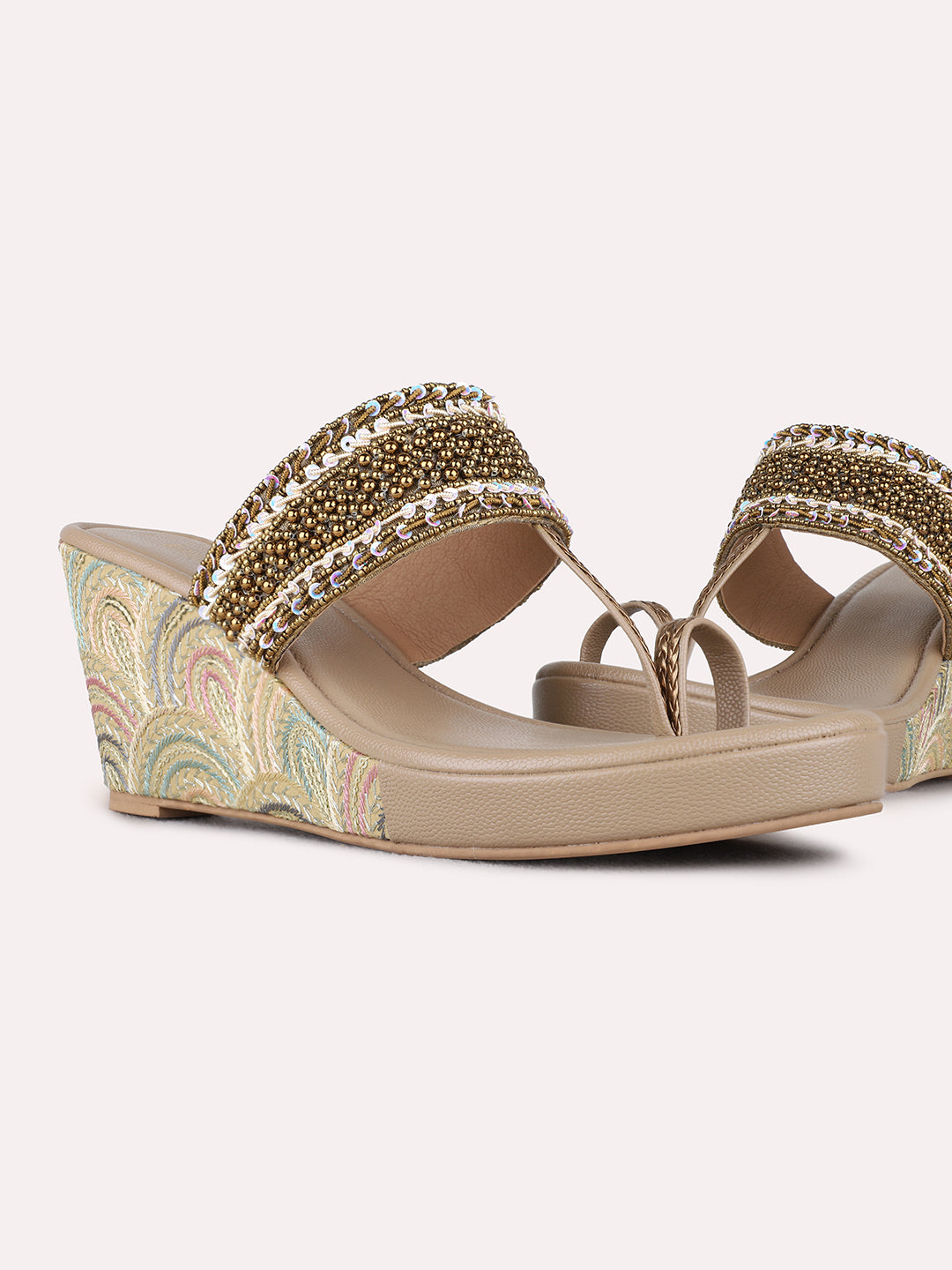 Womens Golden Ethnic Embellished Round Toe Wedges