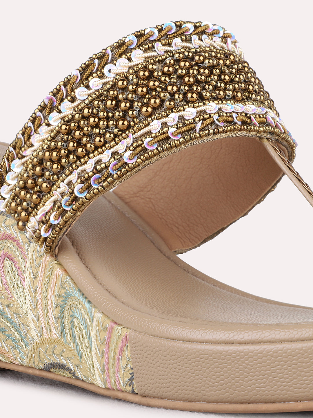 Womens Golden Ethnic Embellished Round Toe Wedges