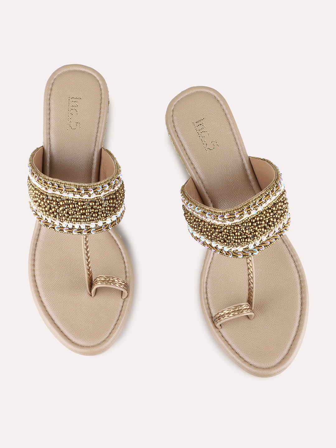 Womens Golden Ethnic Embellished Round Toe Wedges