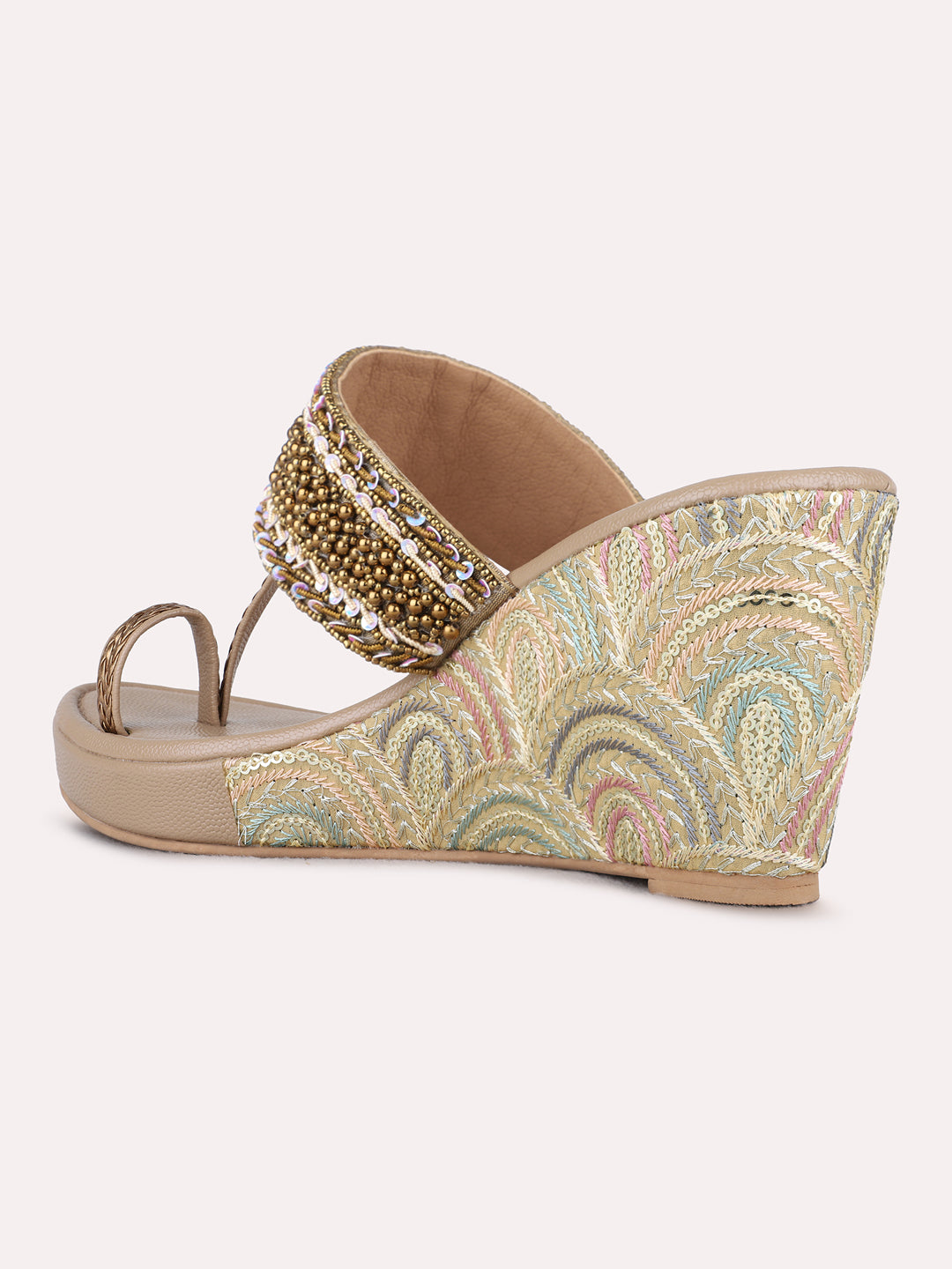 Womens Golden Ethnic Embellished Round Toe Wedges