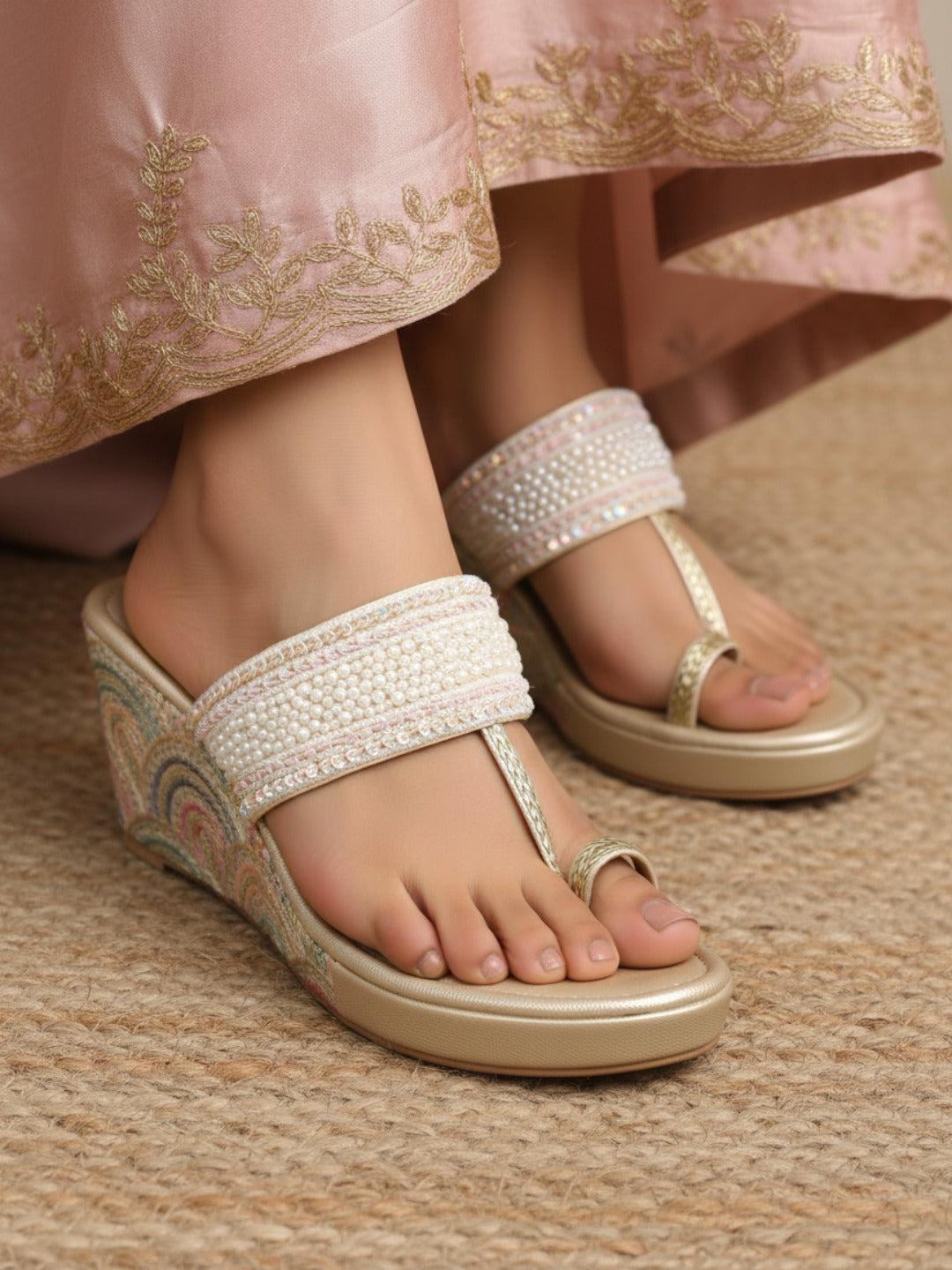 Womens Golden Ethnic Embellished Pattern Round Toe Wedge Heels