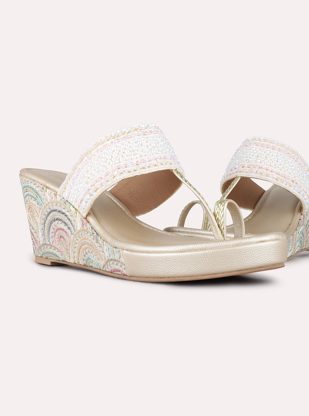 Womens Golden Ethnic Embellished Pattern Round Toe Wedge Heels