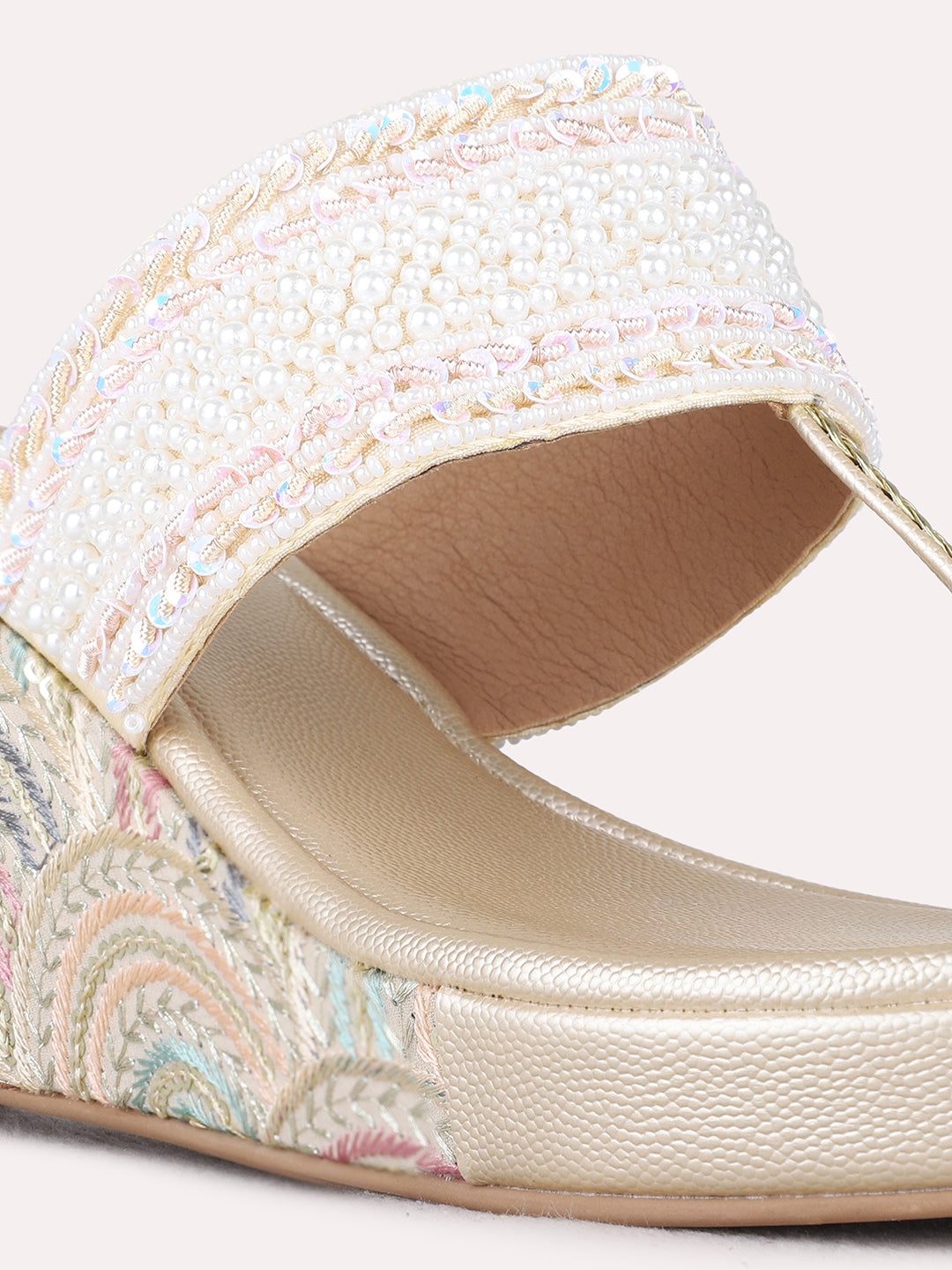 Womens Golden Ethnic Embellished Pattern Round Toe Wedge Heels