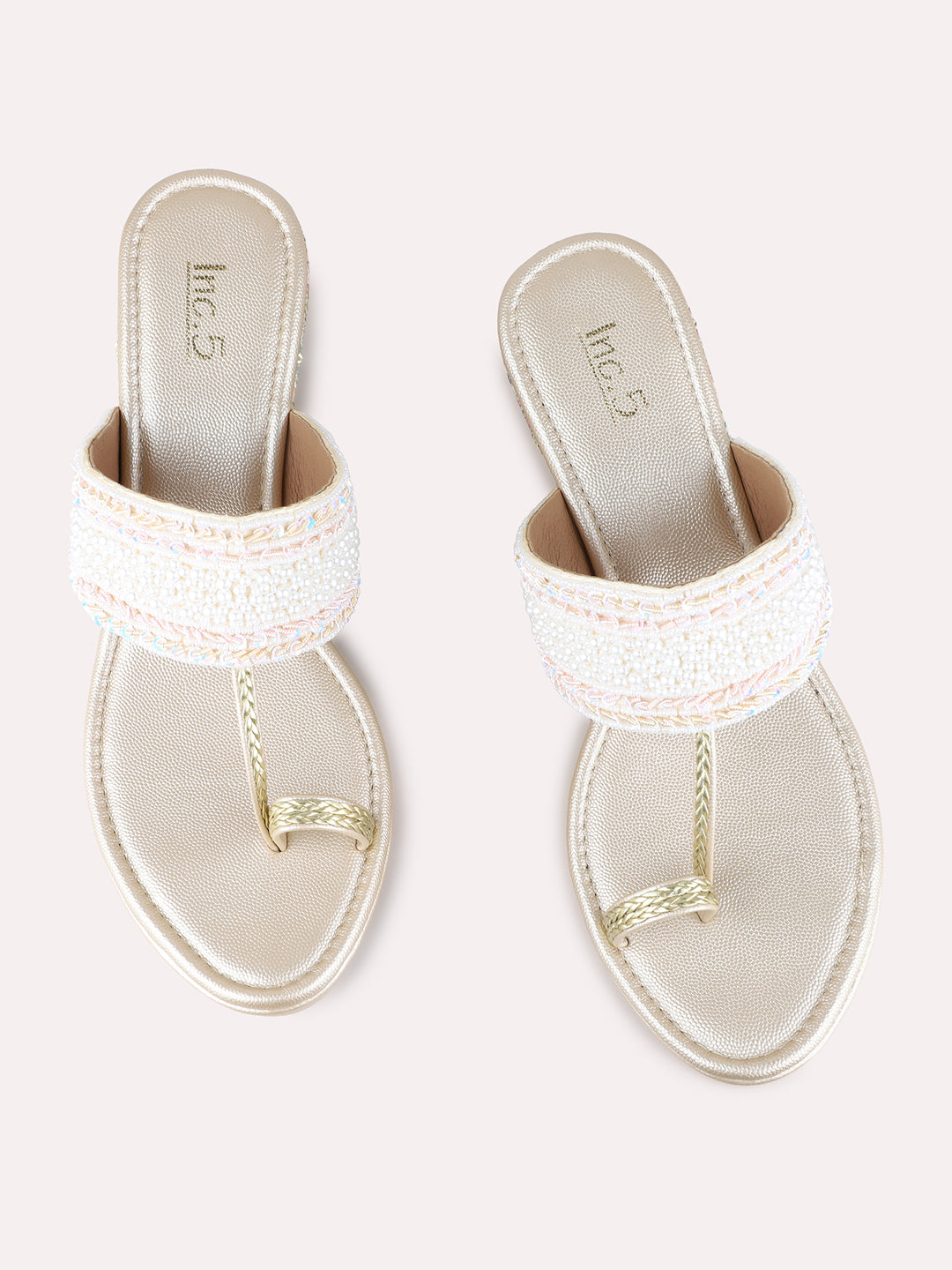 Womens Golden Ethnic Embellished Pattern Round Toe Wedge Heels