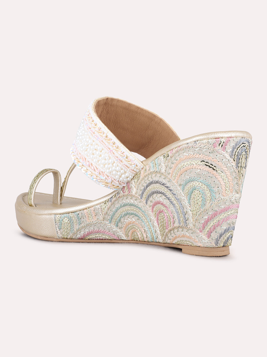 Womens Golden Ethnic Embellished Pattern Round Toe Wedge Heels