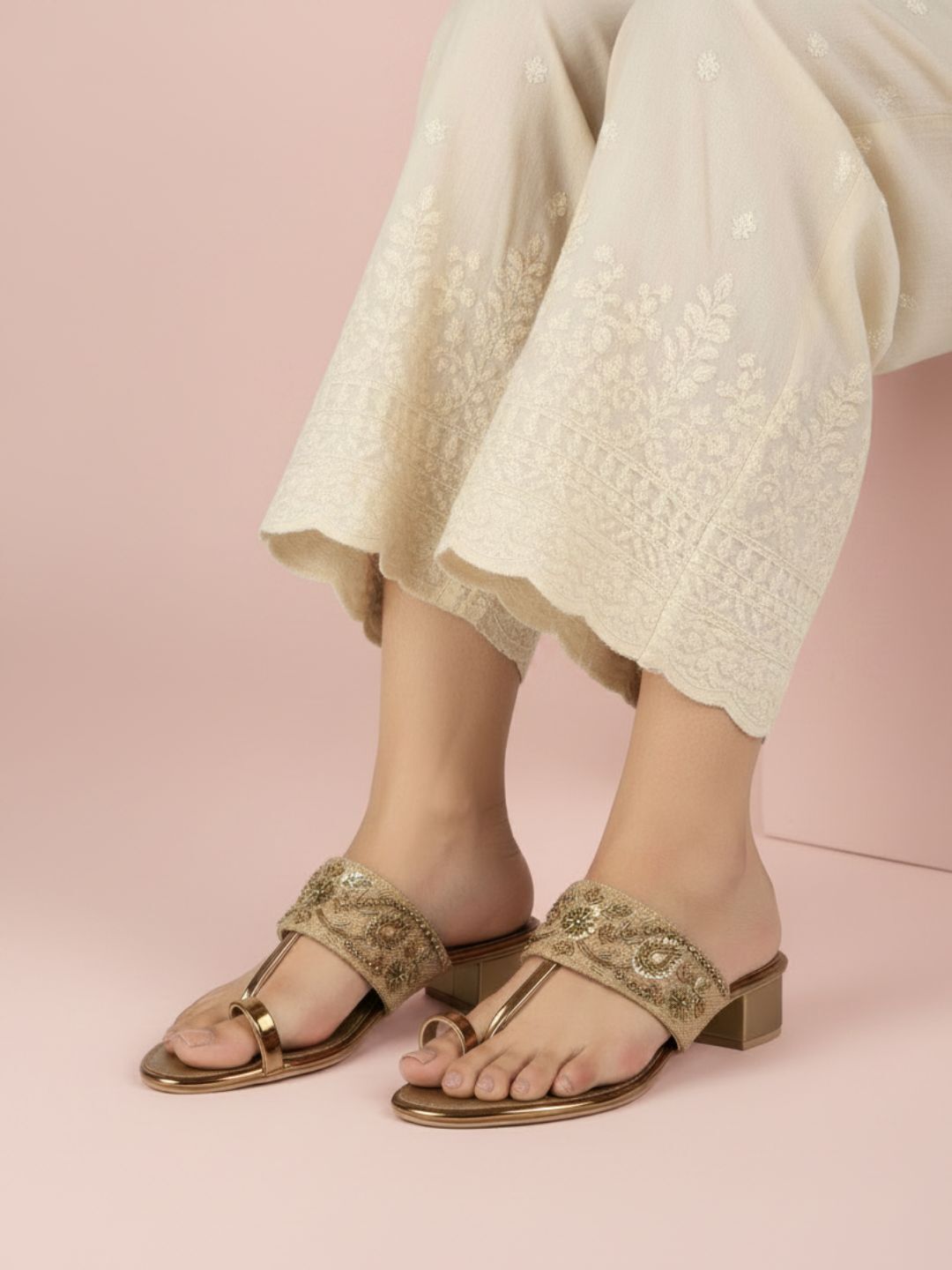 Womens Gold Embellished Ethnic Round Toe Block Heels