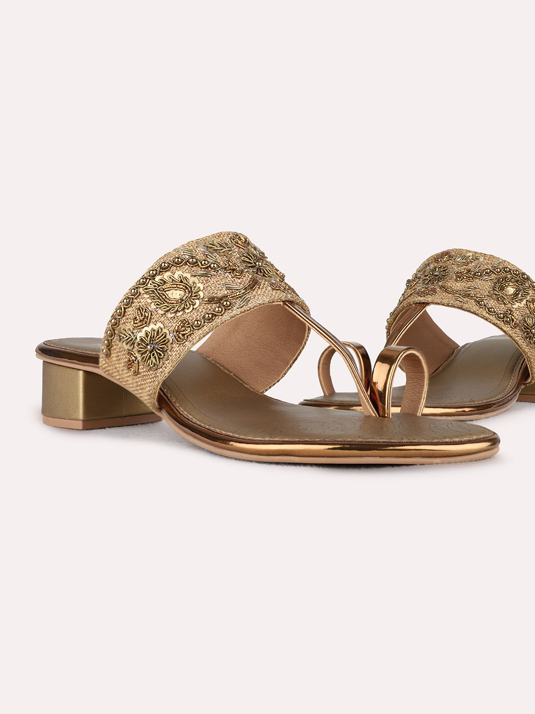 Womens Gold Embellished Ethnic Round Toe Block Heels
